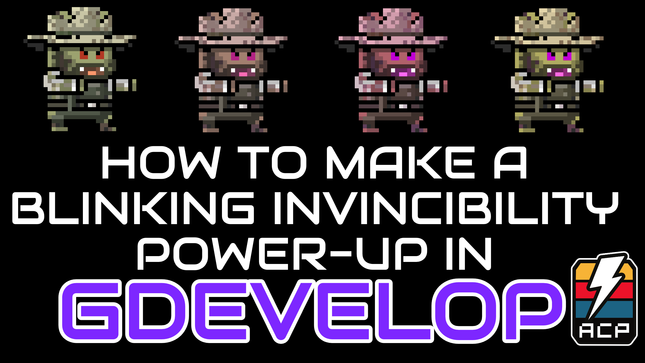 This is the cover image of How to Make a Blinking Invincibility Power-Up in GDevelop article by Nate Lindley (aka ACP_Nate) of Awesome Combo Productions (ACP).
