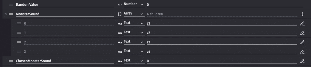 This is an image of the variables needed in this tutorial. This is for the How to Generate Randomized Sound FX, Loot, Enemies, and More in GDevelop article by Nate Lindley (aka ACP_Nate) of Awesome Combo Productions (ACP)