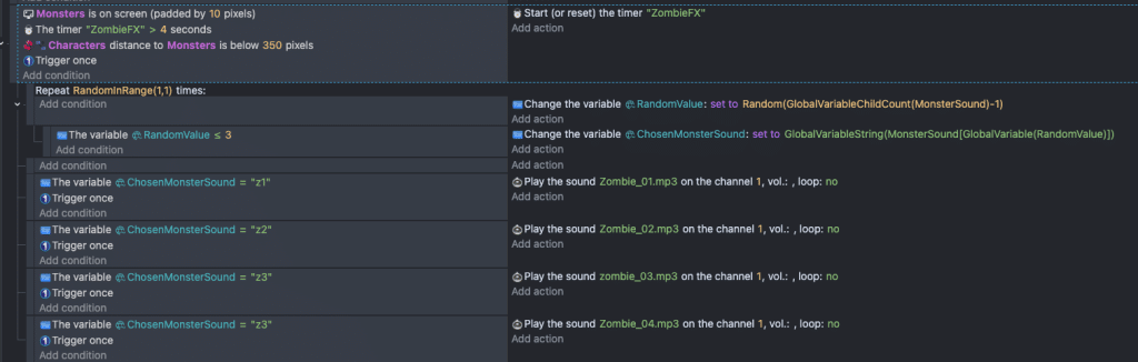This is an image of the conditions and actions needed in this tutorial. This is for the How to Generate Randomized Sound FX, Loot, Enemies, and More in GDevelop article by Nate Lindley (aka ACP_Nate) of Awesome Combo Productions (ACP)