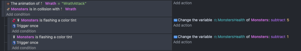 This is a picture of of the condition and action for reduced damage power-ups used in Truth: Save the Miners!.