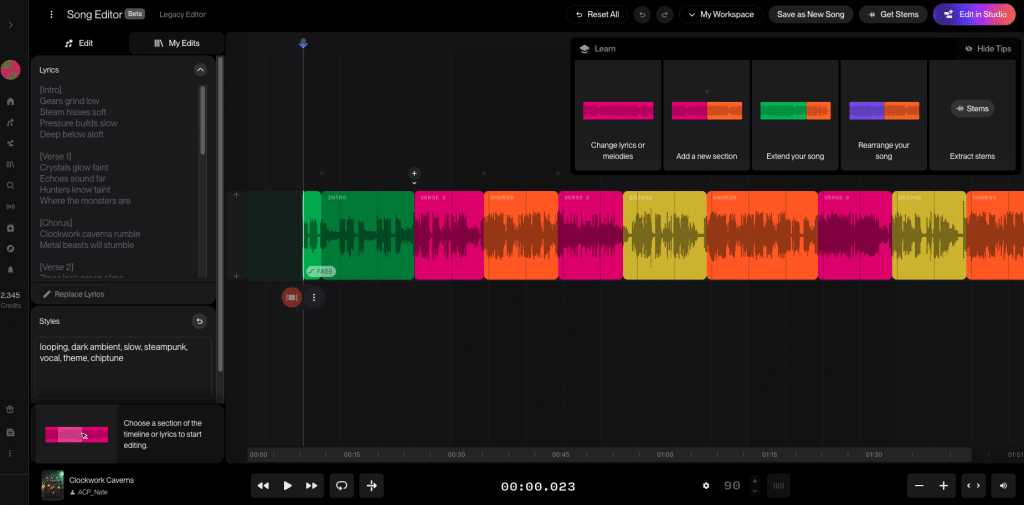 This is a photo of the Suno.ai editor user interface. This is for the Build Indie Game Soundtracks with SUNO.AI article by Nate Lindley (aka ACP_Nate) of Awesome Combo Productions (ACP)