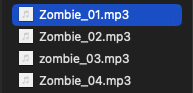 This is a photo of the 4 sound fx files used by ACP_Nate in this tutorial. This is for the How to Generate Randomized Sound FX, Loot, Enemies, and More in GDevelop article by Nate Lindley (aka ACP_Nate) of Awesome Combo Productions (ACP)
