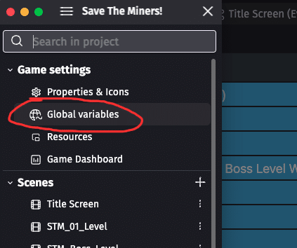 This is a photo of the global variable menu used by ACP_Nate in this tutorial. This is for the How to Generate Randomized Sound FX, Loot, Enemies, and More in GDevelop article by Nate Lindley (aka ACP_Nate) of Awesome Combo Productions (ACP)